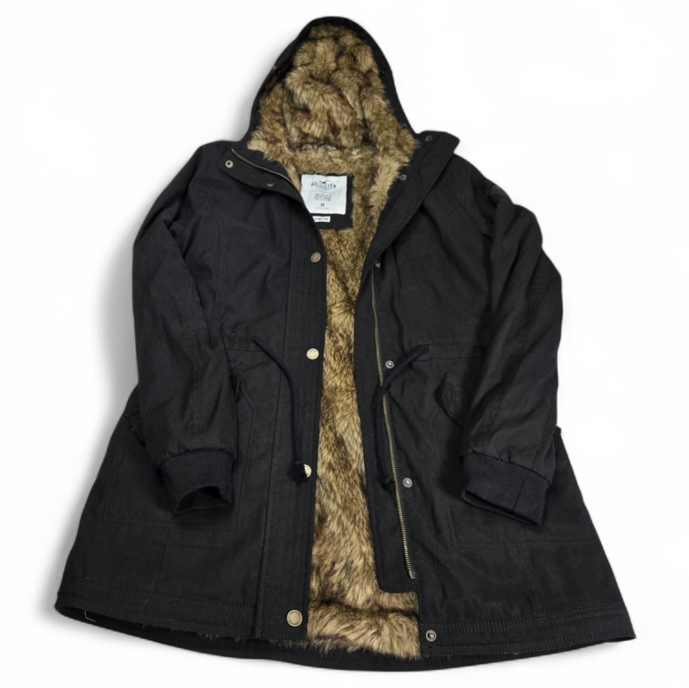 Hollister Black Hooded Jacket/ Parka with Faux Fur Lining Size Medium